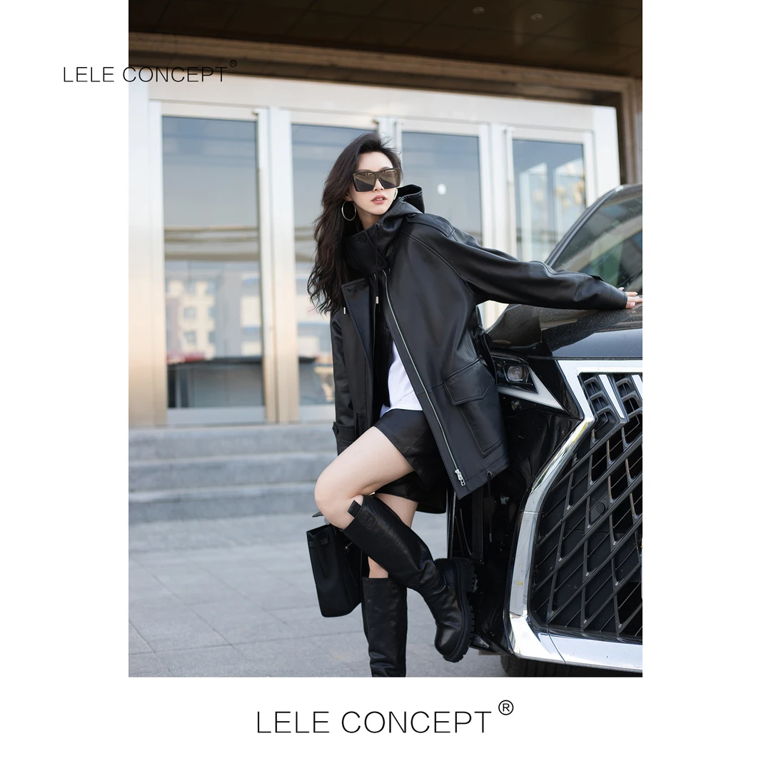 LELE CONCEPT｜秋巫师帽立领连帽皮衣显瘦休闲减龄时尚外套Y0052