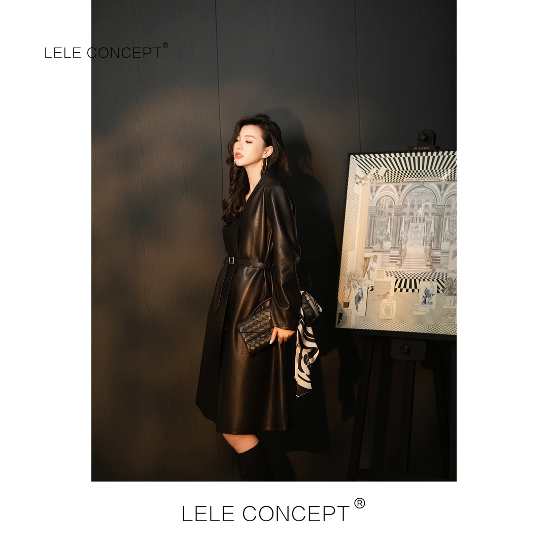 LELE CONCEPT丨秋气质优雅高级酷飒款无领长款腰带皮风衣P0028