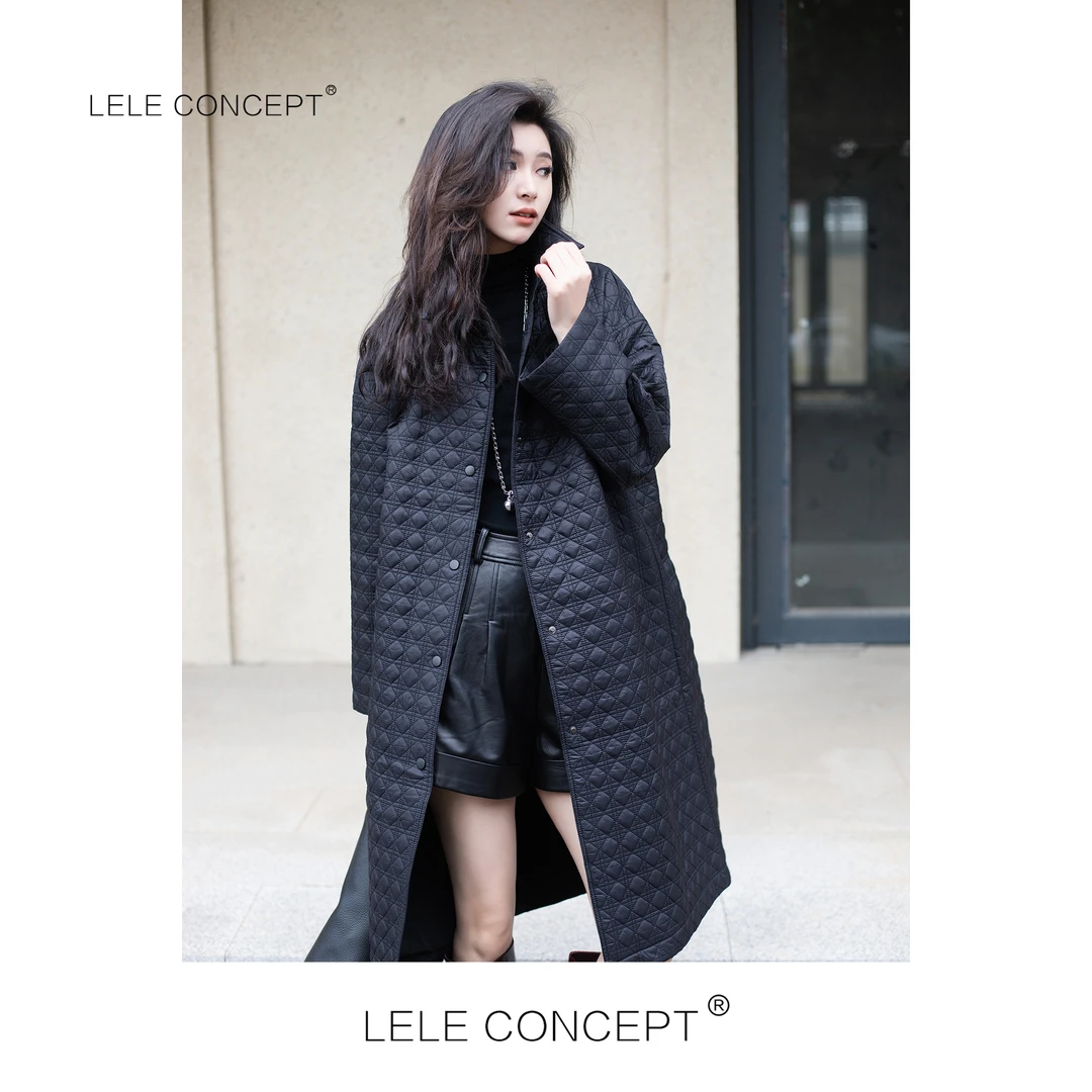 LELE CONCEPT丨冬都市轻奢高级酷飒菱格翻领轻薄长款棉服Y0426