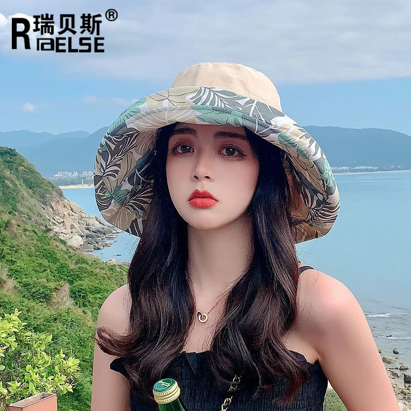 网红双面渔夫帽女春夏韩版印花遮脸大檐帽户外时尚百搭太阳帽子潮