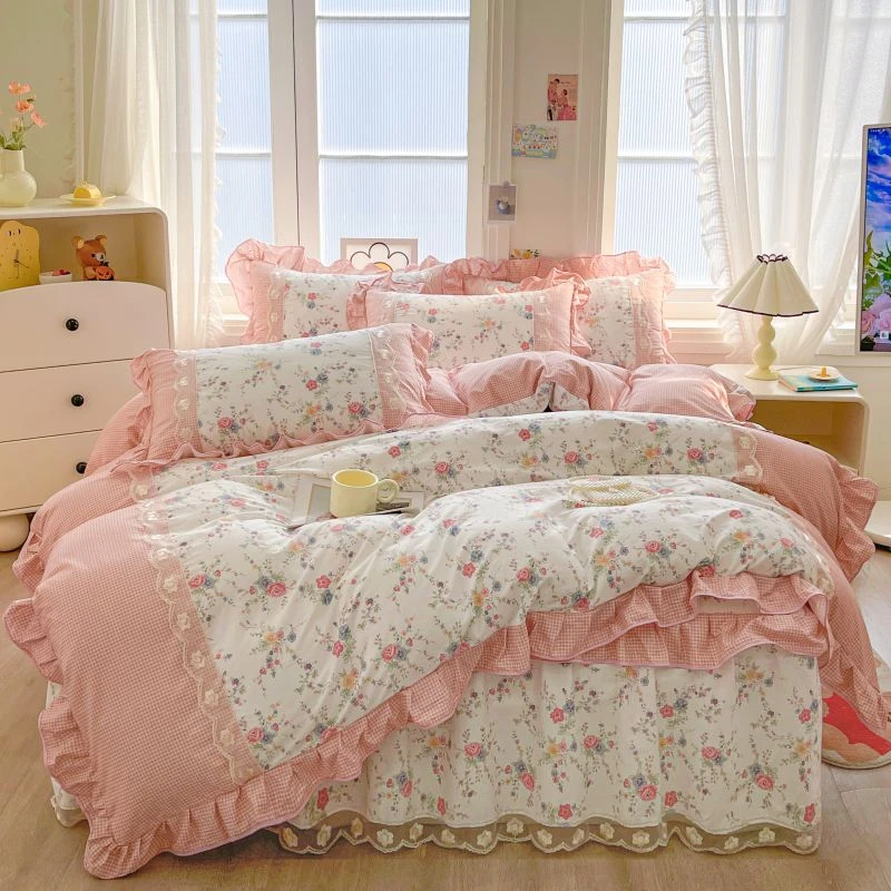 【纯棉床裙带床笠四件套】韩版韩式公主风小清新碎花加厚夹棉床单