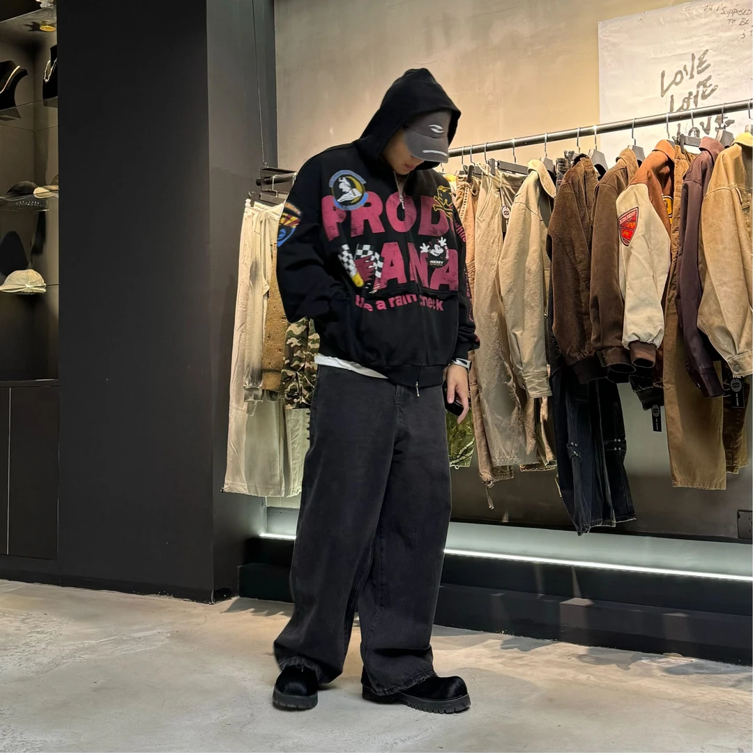 OS复古水洗黑色牛仔裤阔腿宽松拖地2024新款流行穿搭裤子男女