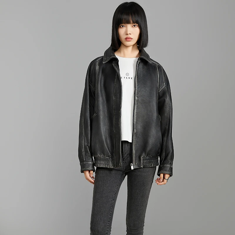 做旧真皮皮衣女机车外套宽松真皮皮夹克时尚休闲百搭翻领洋气