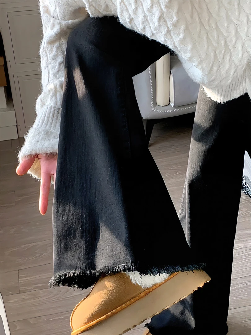 梨型身材黑色微喇毛边牛仔裤女春秋新款胖妹妹mm高腰弹力显瘦裤子