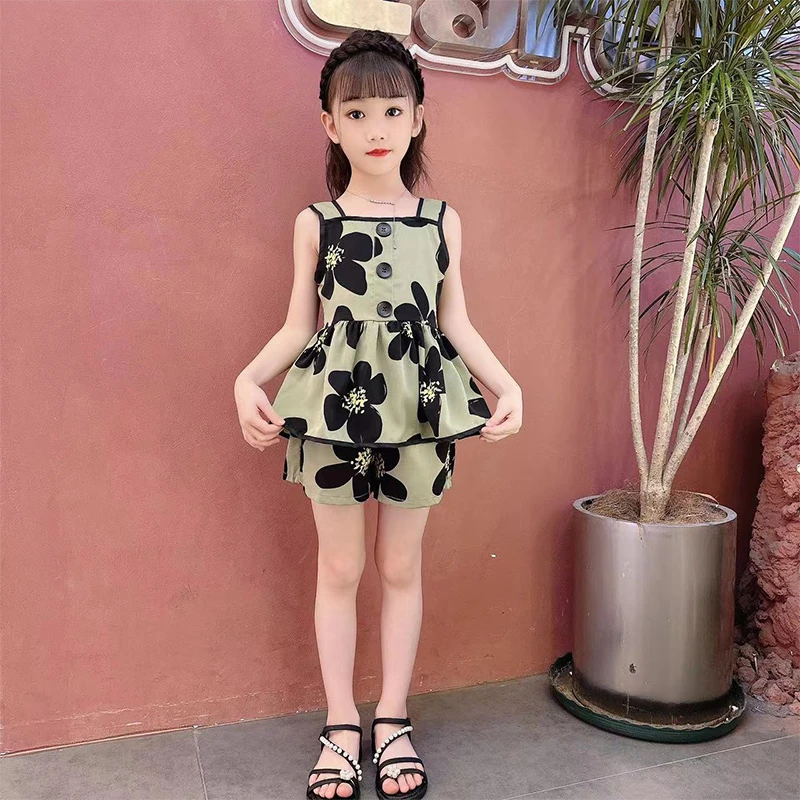 新款女童时尚潮流洋气夏季网红3D立体花无袖吊带短款套装碎花潮