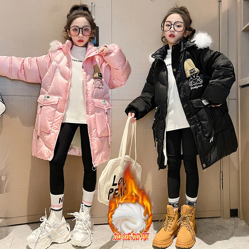 120-170码 新款冬季女童保暖加绒加厚中长款棉服外套百搭中大童