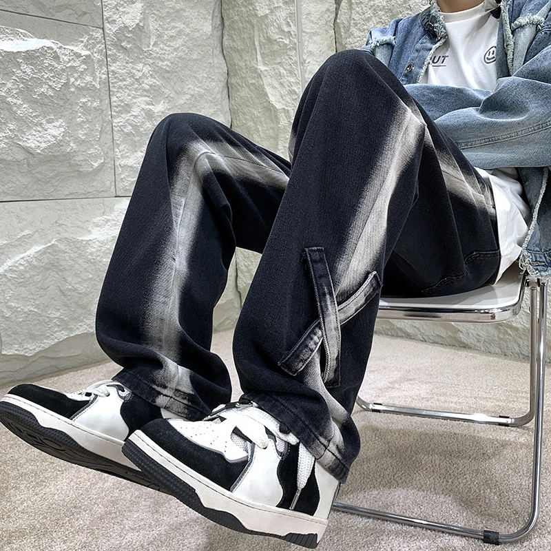 美式交叉绑带复古牛仔裤男2025秋hiphop高街潮流直筒裤百搭休闲裤