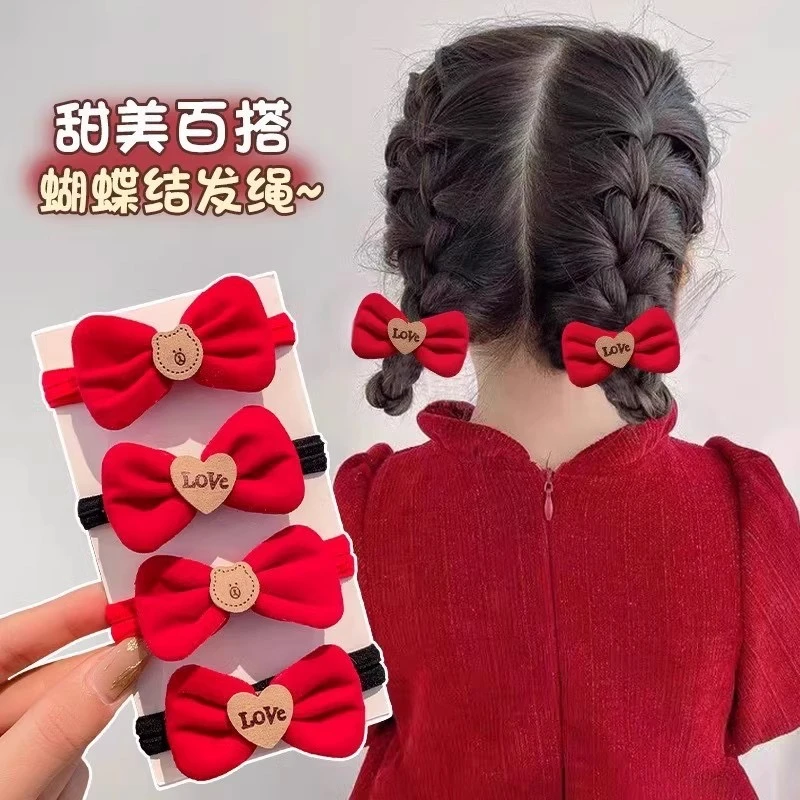 2024新年儿童发绳红丝绒蝴蝶结发圈高弹力扎马尾皮筋女童头绳发饰