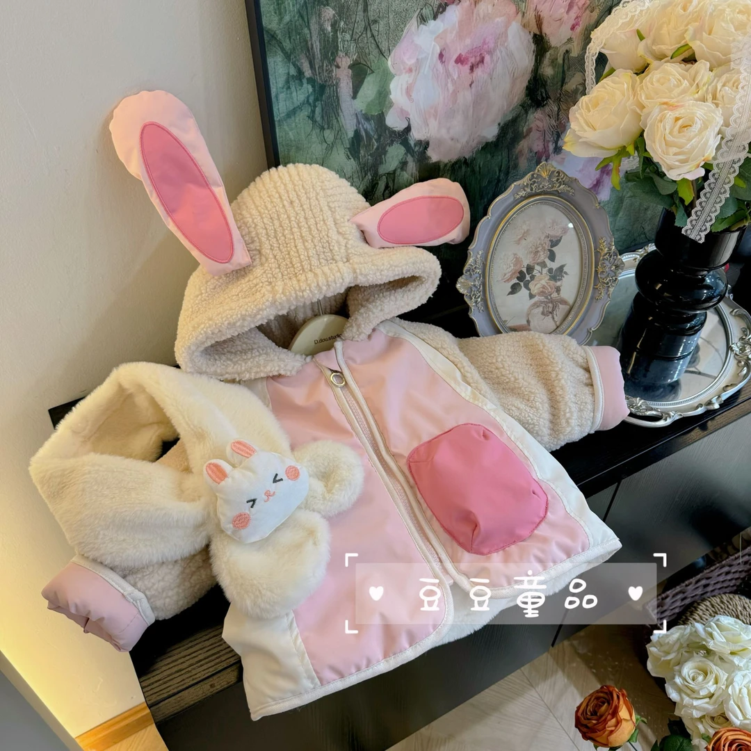 儿童女童女宝宝冬季韩版拼接撞色连帽加绒加厚派克棉服25211