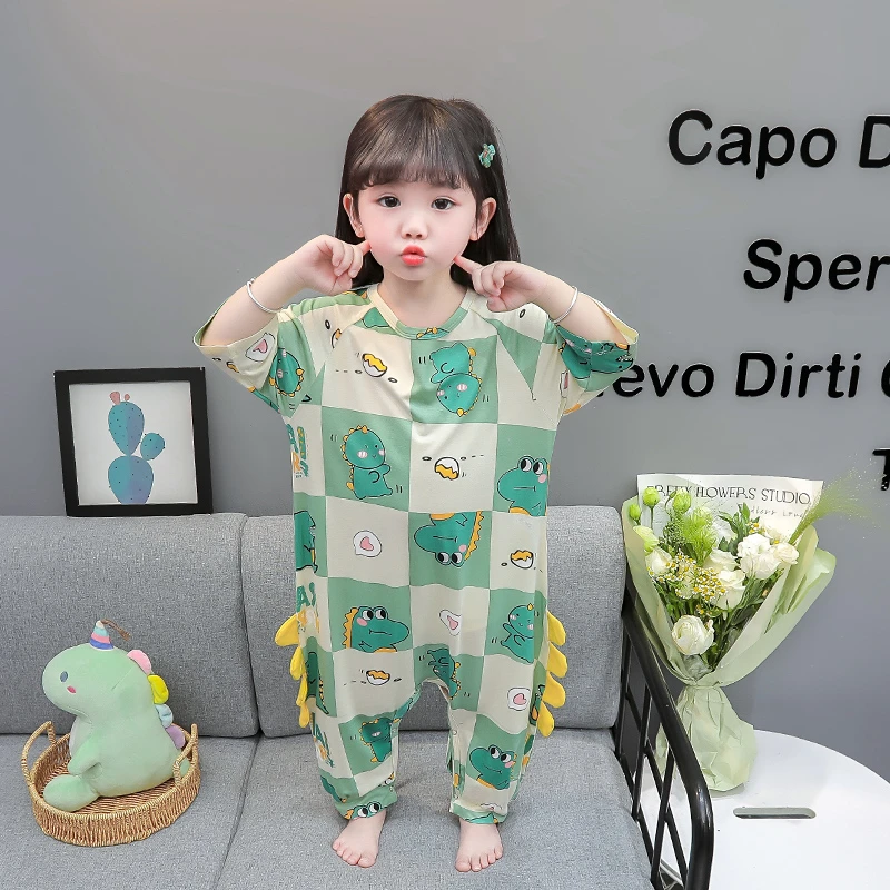 儿童连体睡衣女童夏季莫代尔薄款空调防踢爬服女孩宝宝短袖家居服