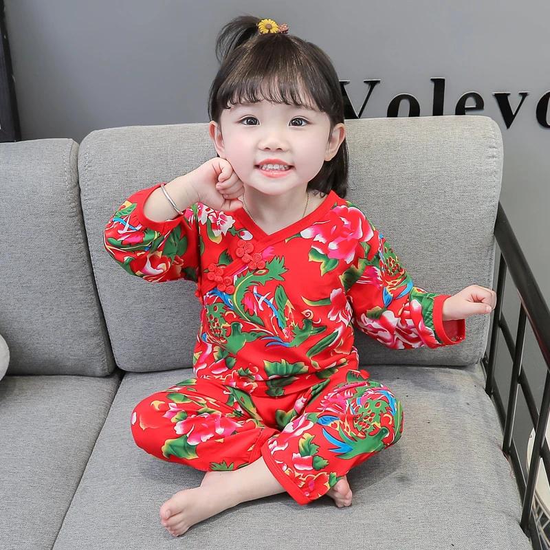 儿童睡衣女童薄款纯棉长袖空调服公主女孩家居服红色东北花布套装