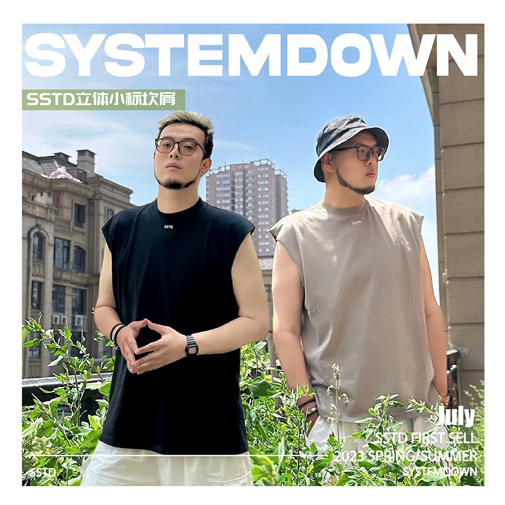 SSTD300克重宽松显瘦小标基础夏季圆领纯棉背心无袖男士运动健身