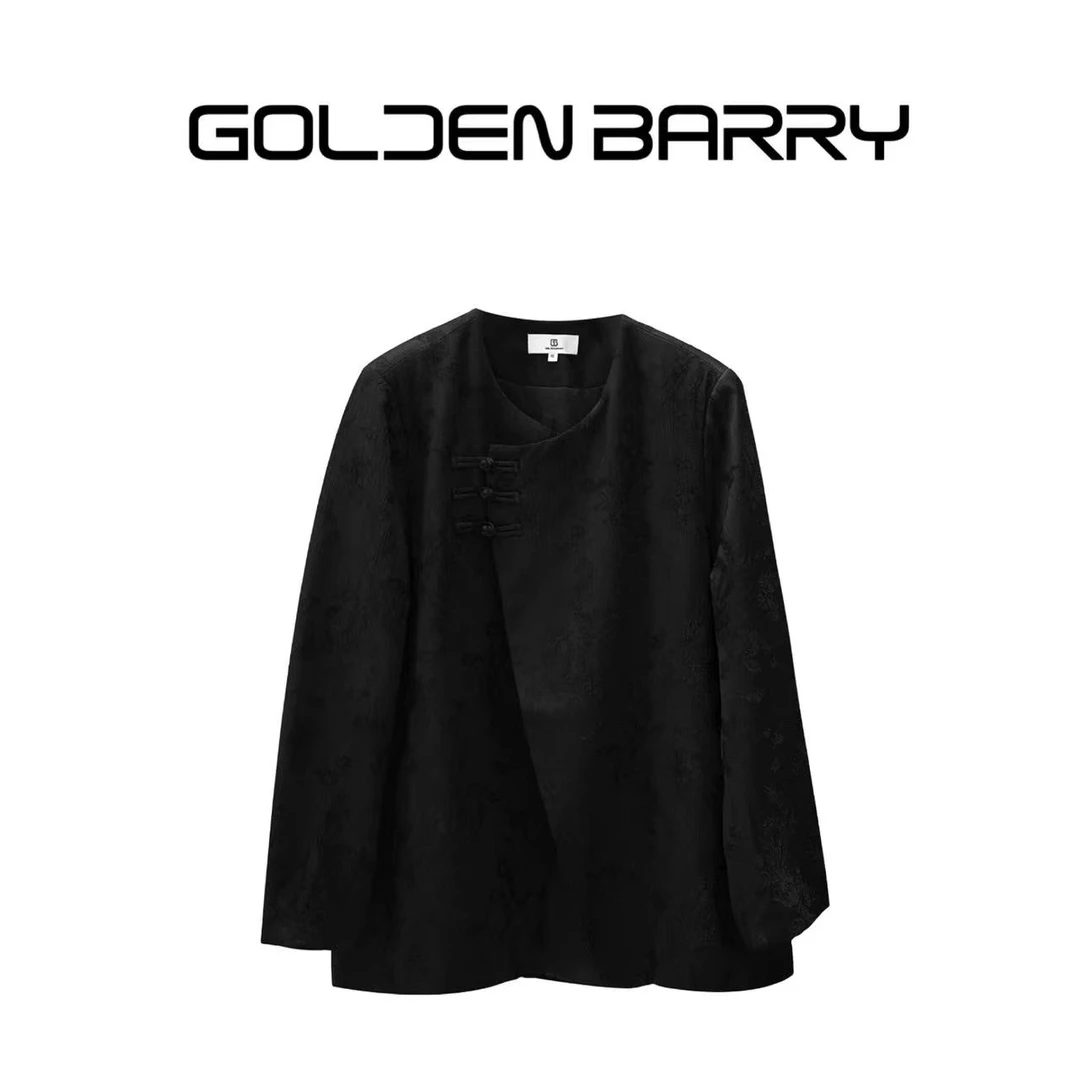GOLDENBARRY|124067国风百搭提花时尚中式圆领潮流外套黑色休闲