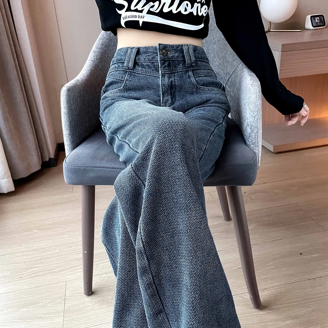 复古星空纹高腰窄版阔腿牛仔裤女秋冬新款2025宽松直筒裤拖地裤