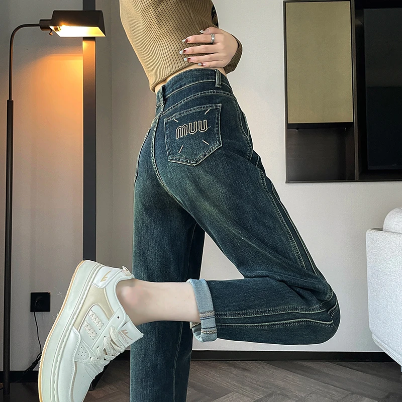 哈伦牛仔裤女春秋季2023年新款高腰显瘦复古宽松直筒萝卜老爹裤子