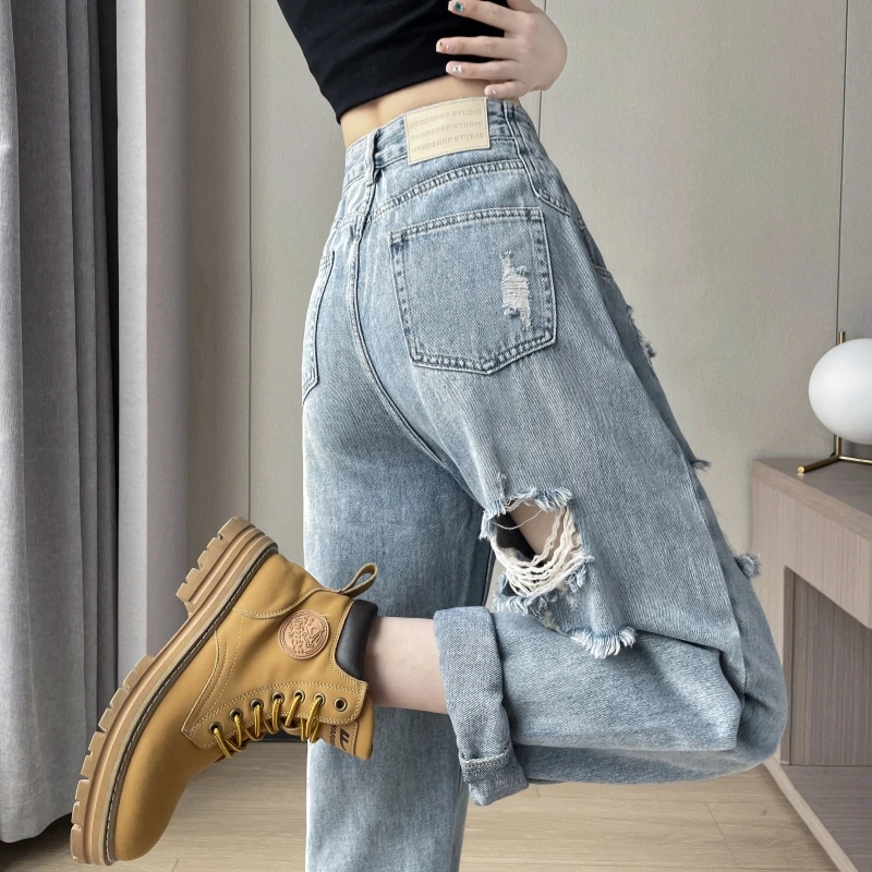 破洞牛仔裤女春夏设计感水洗直筒哈伦萝卜裤小个子乞丐休闲长裤子