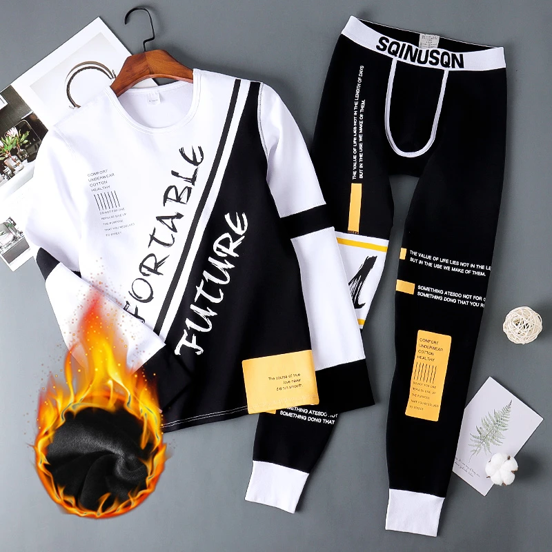 男士加绒加厚秋衣秋裤冬季保暖内衣套装青年修身时尚潮男棉衣棉裤