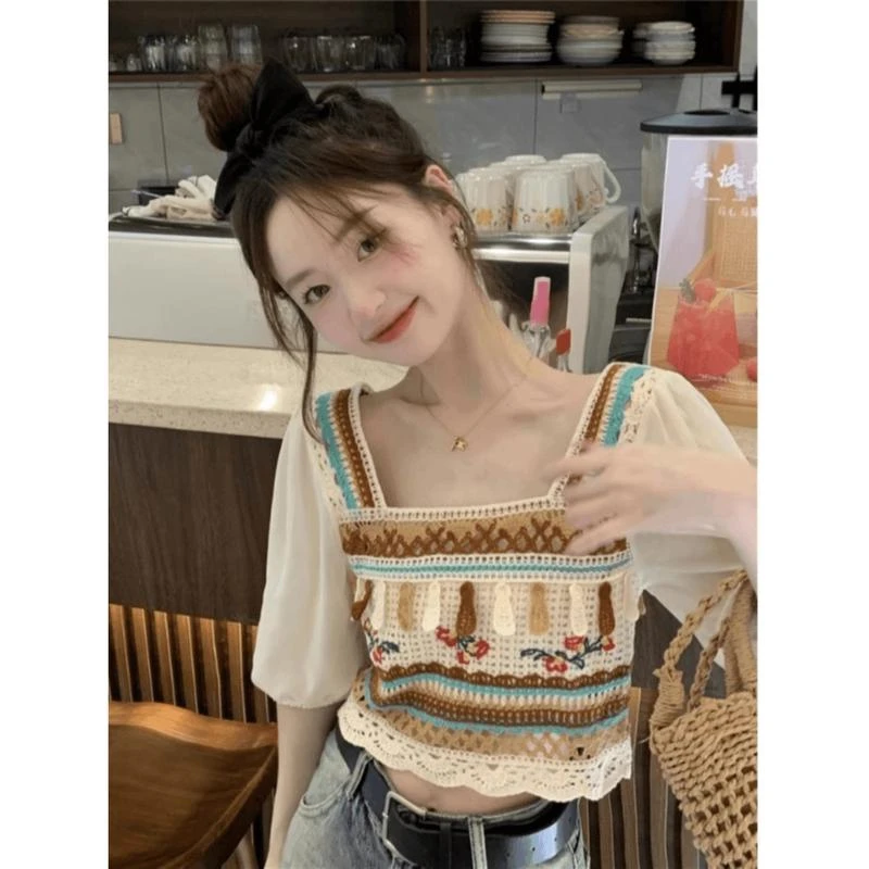 钩花镂空民族风拼接短袖衬衫女夏季设计感小个子短款修身方领上衣