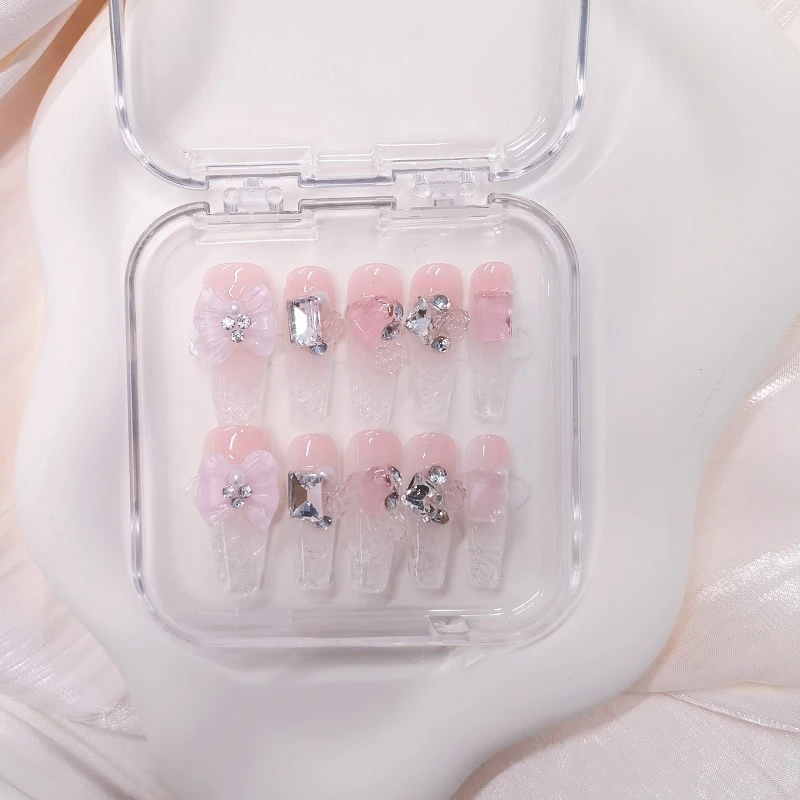 【Molly】手工穿戴甲加长梯猫眼冰粉琉璃穿戴甲贴片显白高贵