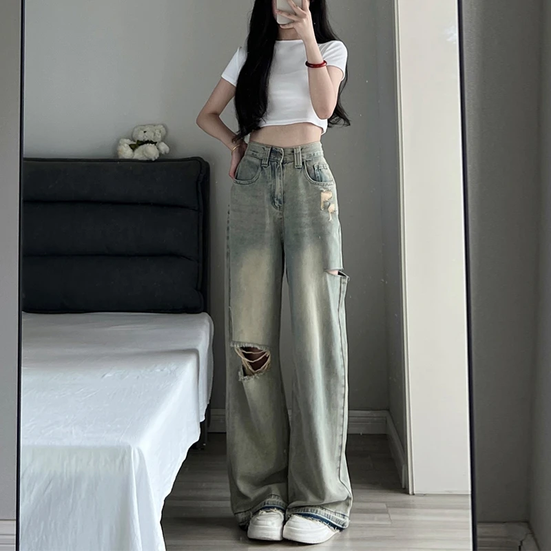 复古破洞牛仔裤女直筒夏薄款宽松百搭高街显瘦设计感拖地阔腿裤子