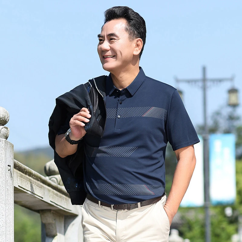 父亲节衣服中年男士polo夏季爸爸装短袖t恤中老年冰丝薄款上衣