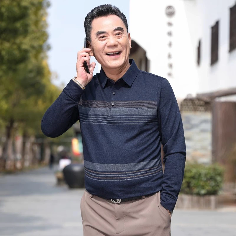 中年男士长袖t恤爸爸秋装薄款打底衫中老年男装春秋款上衣POLO衫