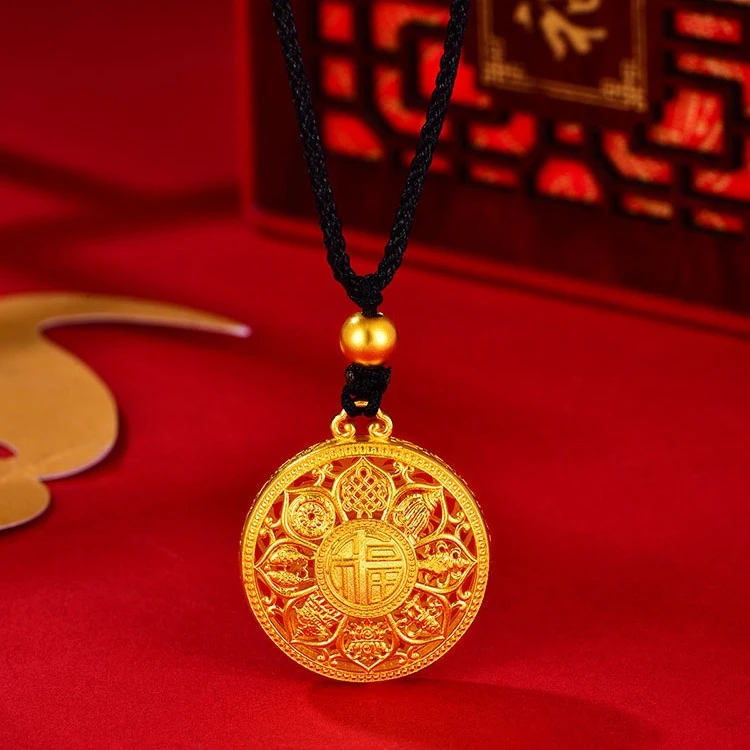 合金吊坠 八宝罗盘越南沙晶金色素款时尚双面精美编织绳七夕礼物
