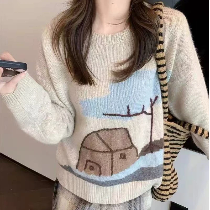 圆领趣味减龄绣花蜜熊绒长袖针织衫宽松休闲套头毛衣上衣女