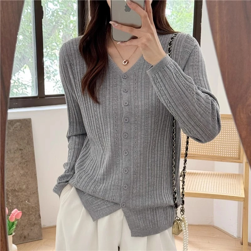 2025微透V领长袖针织开衫纯色宽松百搭春秋夏新款外搭上衣外套女