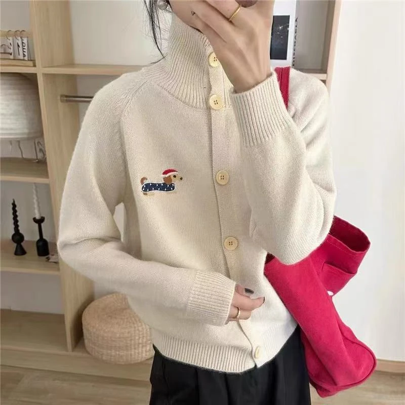 红帽子小狗刺绣高翻领针织开衫女冬季毛衣外搭上衣针织衫外套韩系