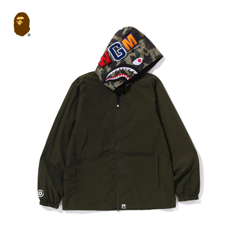BAPE男装24秋冬鲨鱼老虎图案迷彩拼接连帽夹克外套140012N
