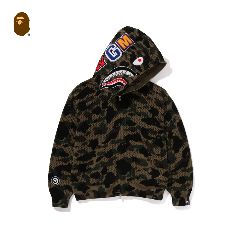 BAPE男装春夏满幅迷彩钩针编织网面镂空鲨鱼连帽外套115307M