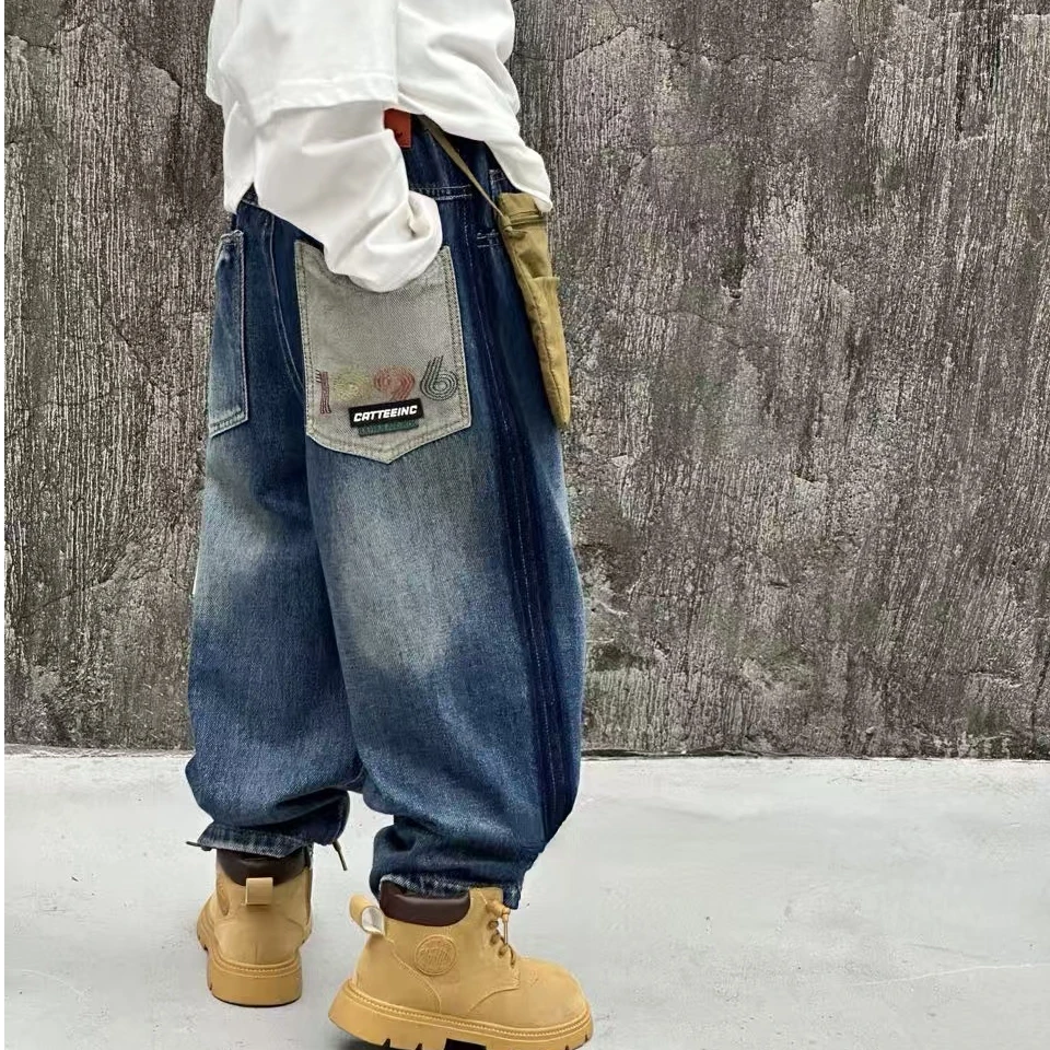 儿童秋季牛仔裤春秋款2024年新款中大童拼接秋装男童女童秋季长裤