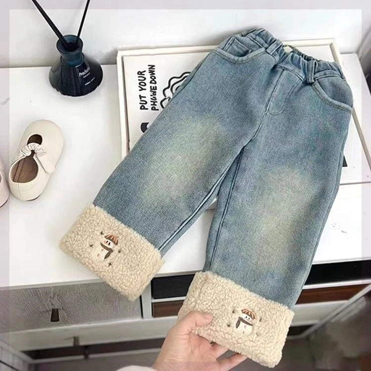 女童加绒牛仔裤2024冬季韩版中大童时髦加厚翻边百搭阔腿直筒裤潮