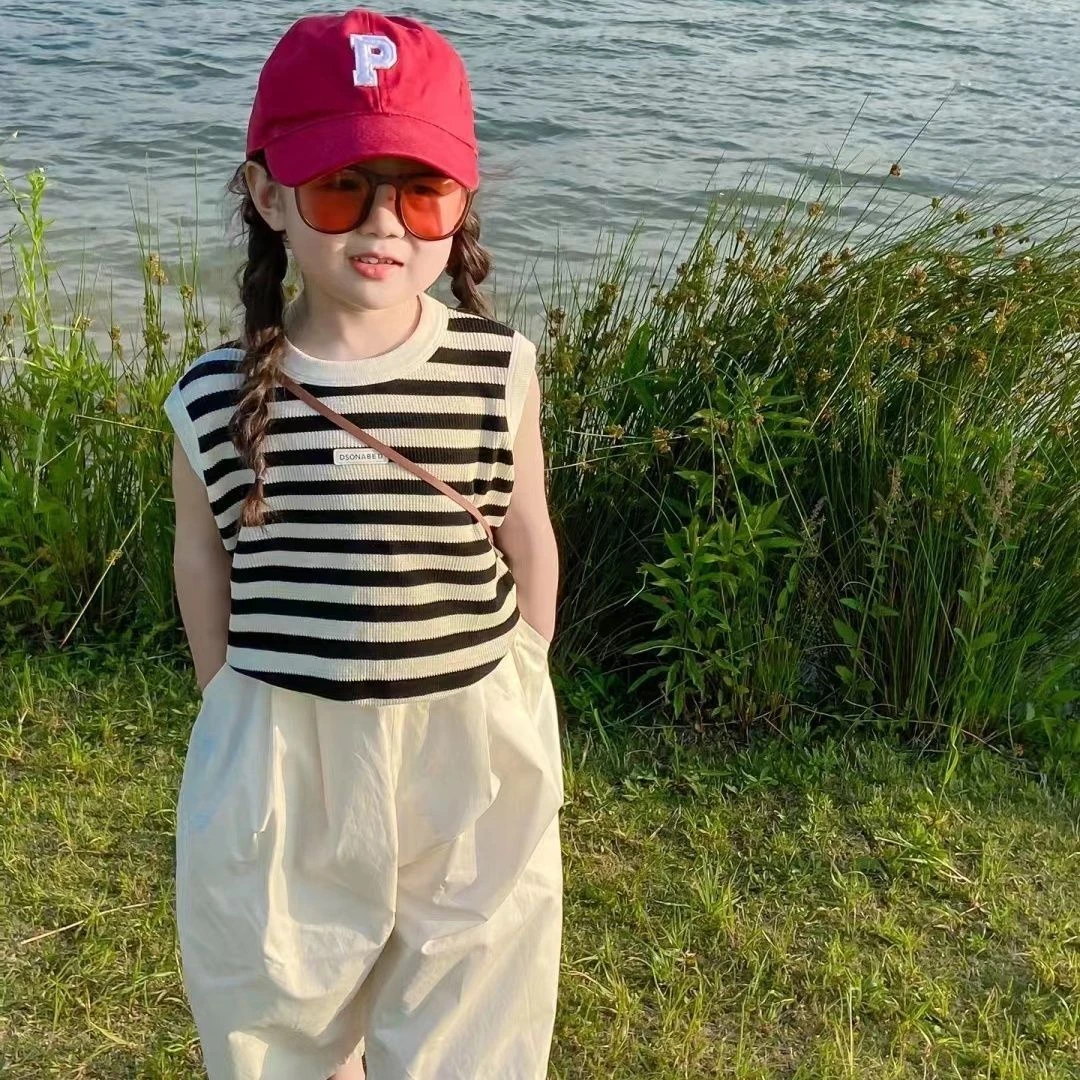 童装夏季洋气新款宝宝休闲背心条纹上衣宽松防蚊裤男女童两件套潮