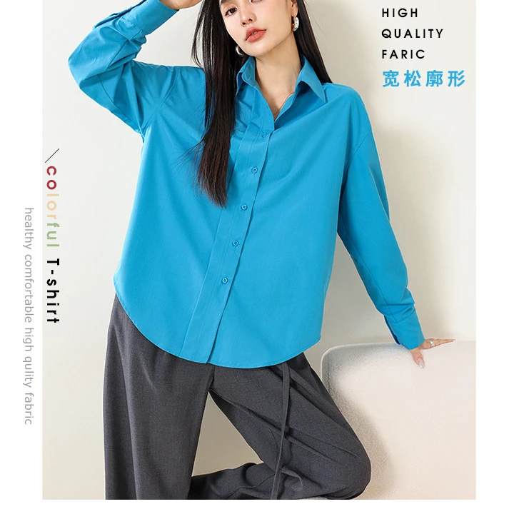 好显白~气质免烫防透设计感矢车菊蓝色白黑衬衫女法式显瘦宽松