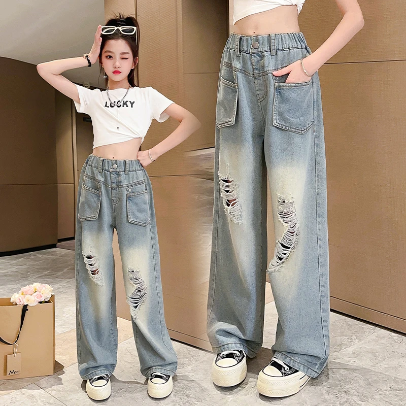 12-15岁女童夏季破洞牛仔裤中大童阔腿裤初中生宽松薄款拖地裤子