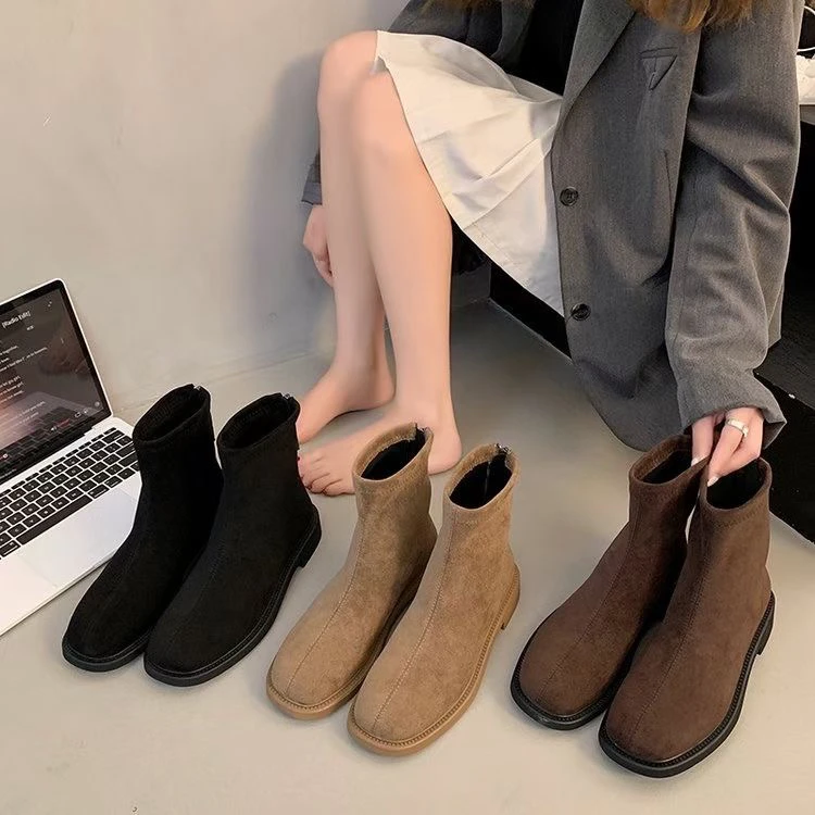 瘦瘦靴韩系瘦瘦靴女鞋平底秋冬季加绒弹力绒面及踝靴棕色圆头法式