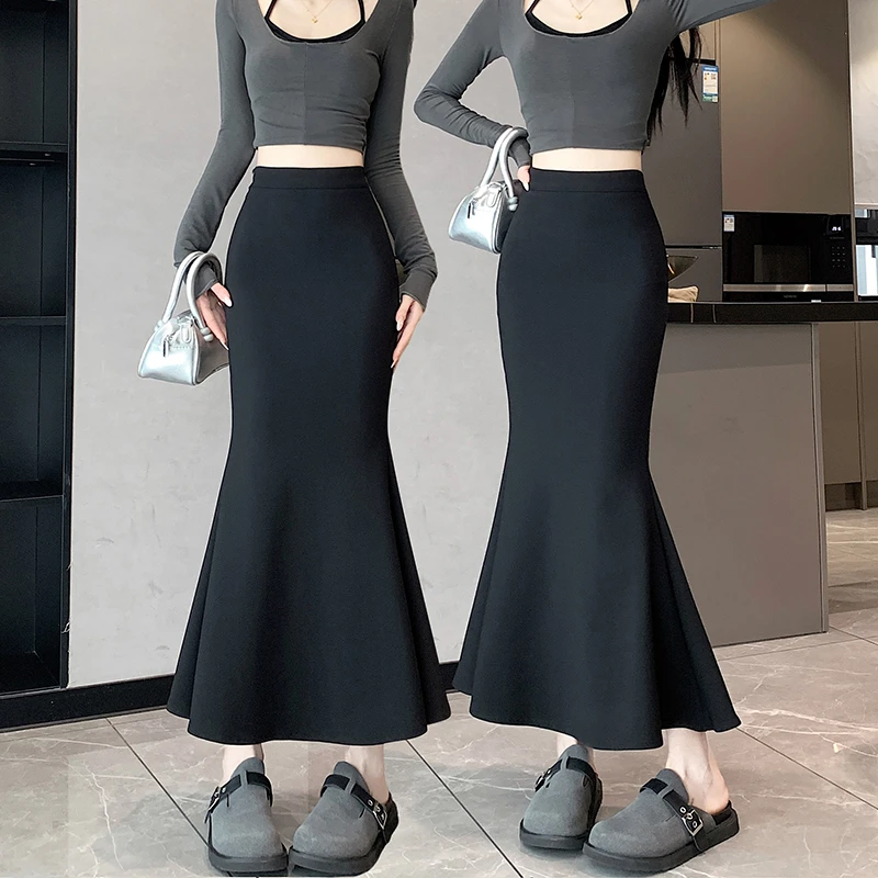 西装鱼尾裙半身裙女2024春季弹力高腰显瘦黑色包臀裙中长款a字裙