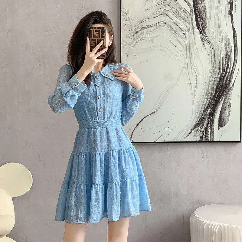 2024秋装新款温柔风连衣裙女150cm155小个子收腰雪纺小香风短裙子