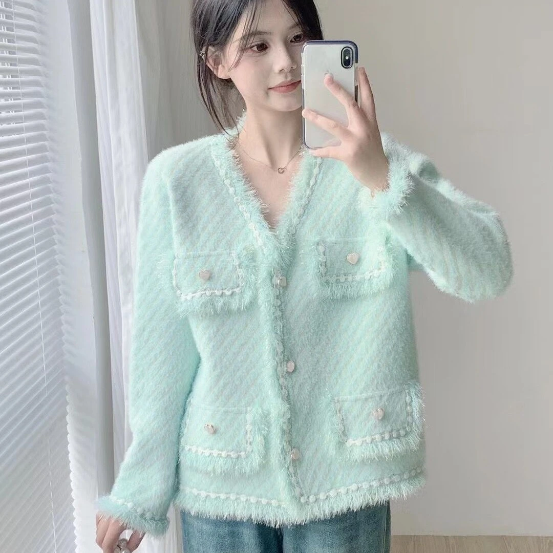 小香风仿水貂绒开衫外套女2025秋冬新款韩版宽松洋气针织衫百搭
