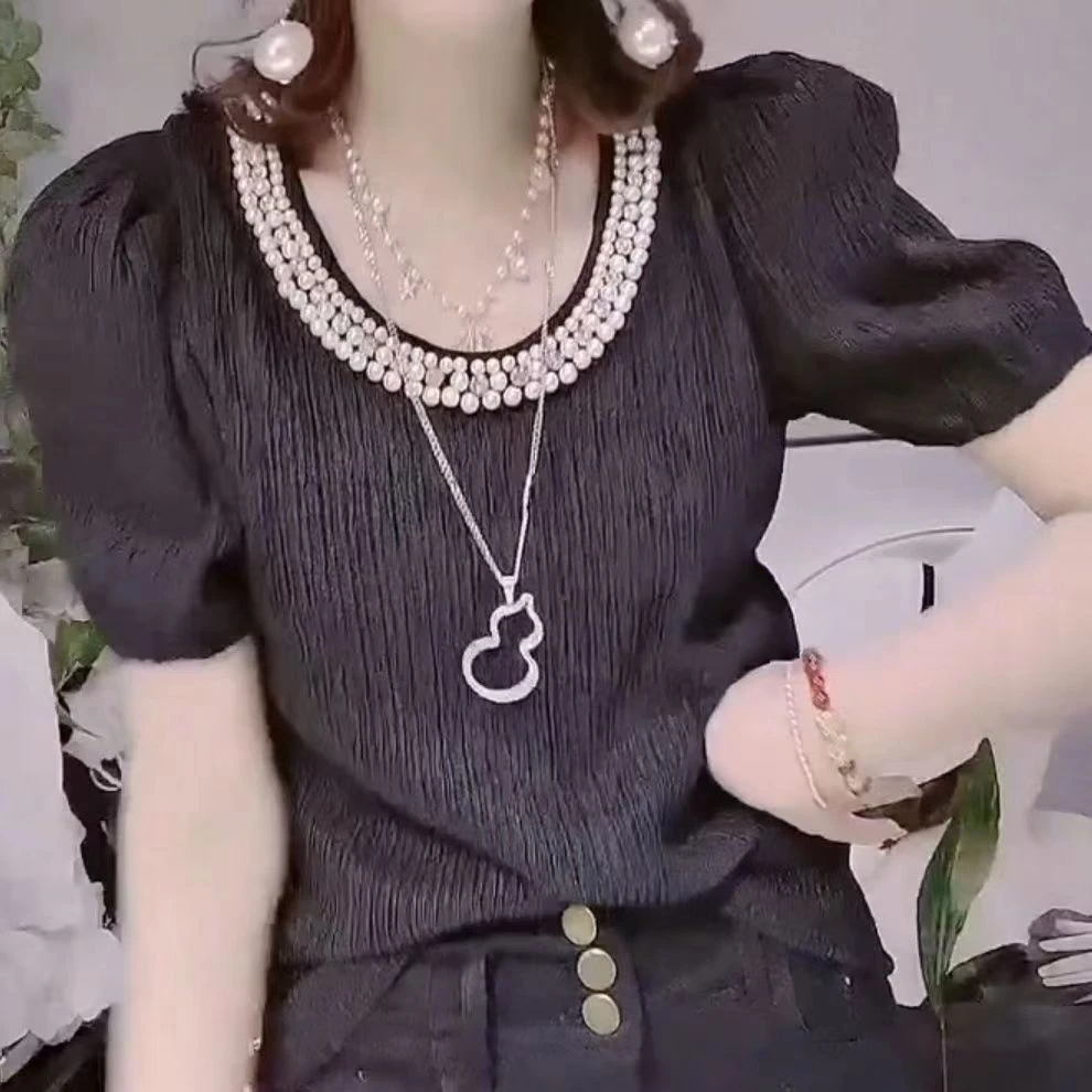 欧洲站重工钉珠弹力圆领打底衫泡泡袖百搭短袖女
