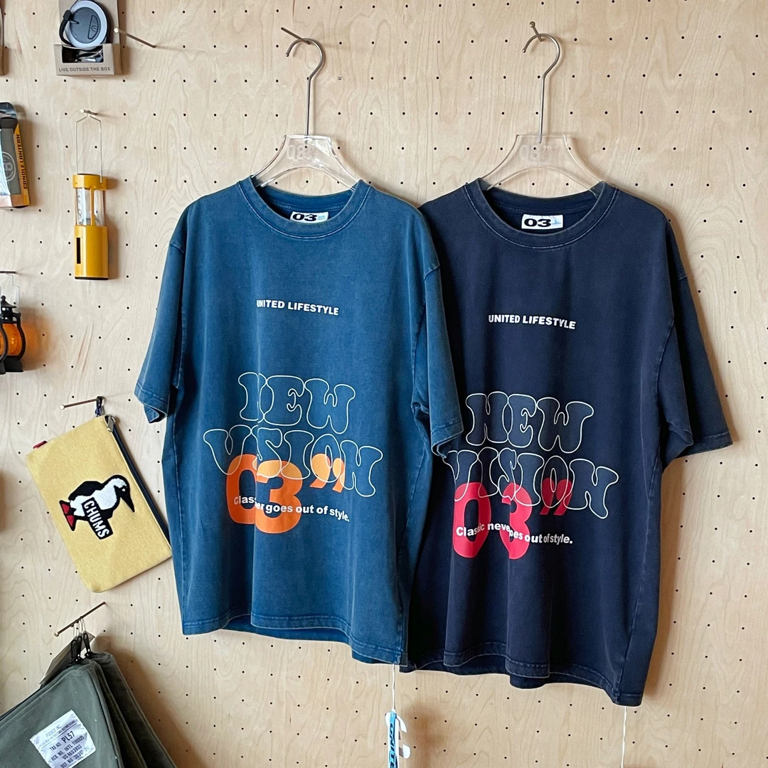 03498 古着纯色做旧水洗雪花纹印花短袖T恤