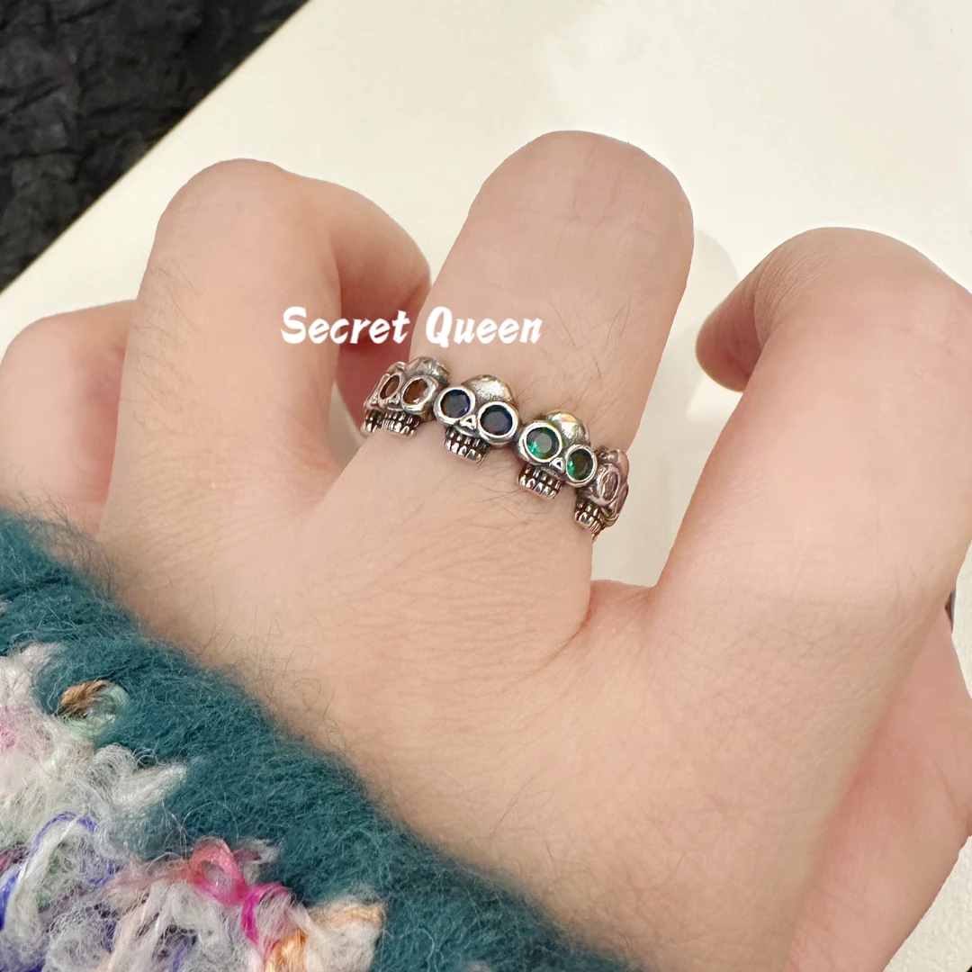 铜合金合成锆石戒指 小众设计骷髅五彩锆开口戒可调节Z020