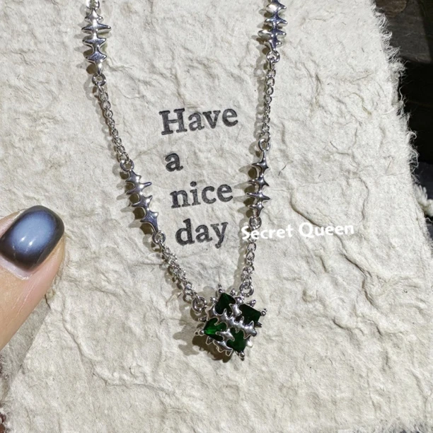 铜合金吊坠 小众设计方块绿锆星芒项链