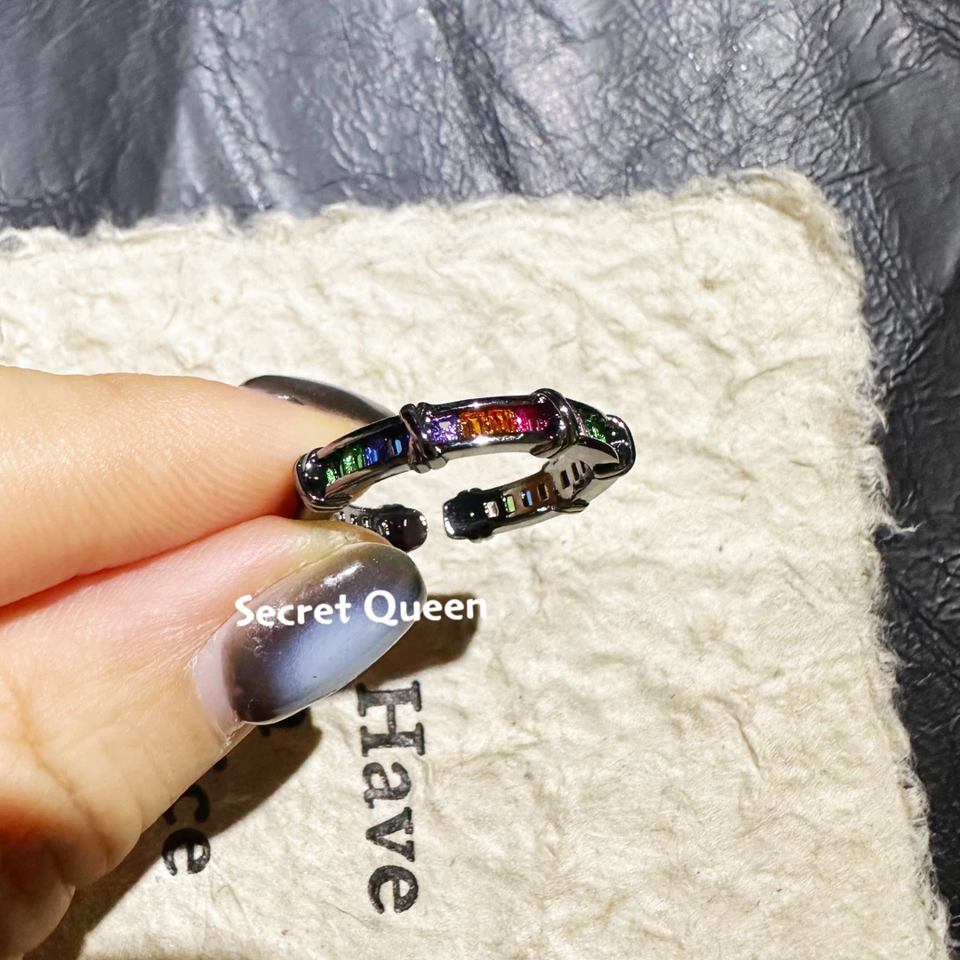 铜合金合成锆石戒指 小众设计枪黑竹节彩锆戒指开口戒可调节