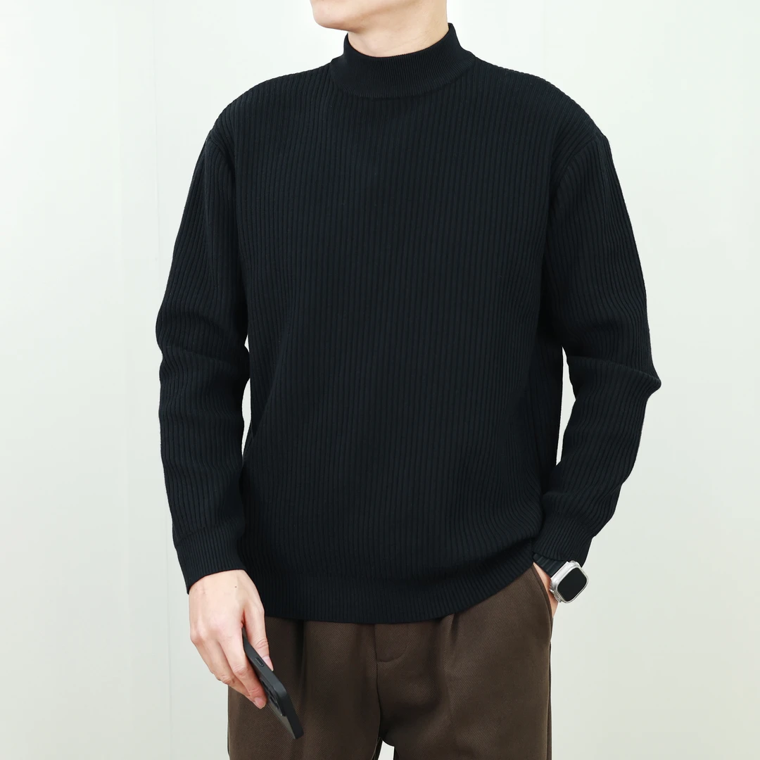 春秋款半高领坑条螺纹针织衫毛衣时尚百搭韩版长袖线衣男