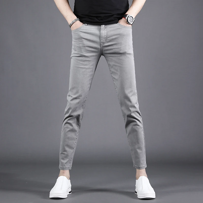 夏季九分牛仔裤男爆款2025新款潮牌灰色修身小脚弹力男士休闲裤子