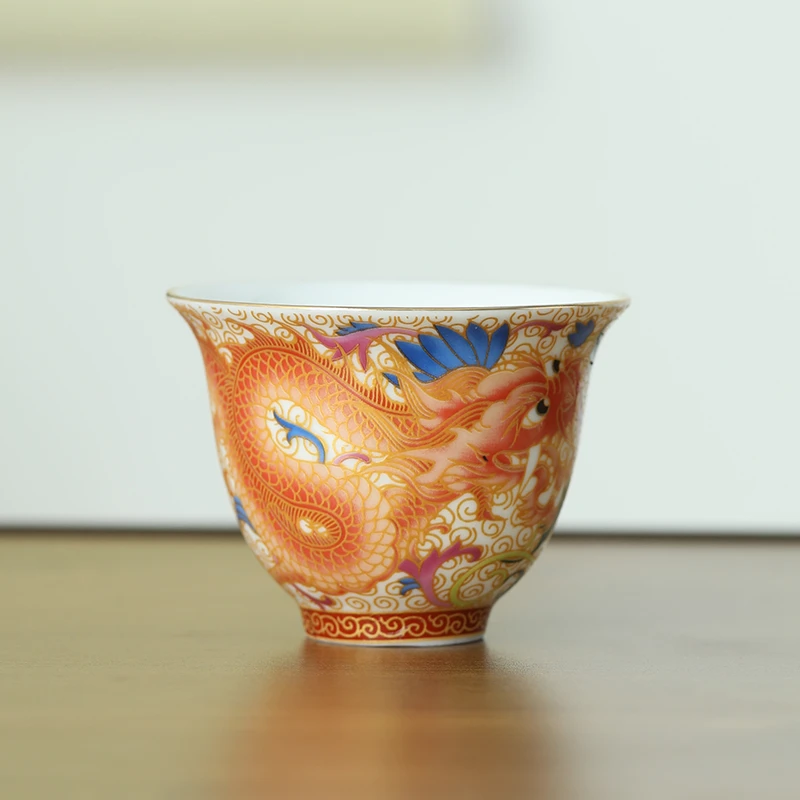 珐琅彩扒花茶杯主人杯陶瓷功夫茶具家用礼盒品茗杯单杯祥龙玉兰杯