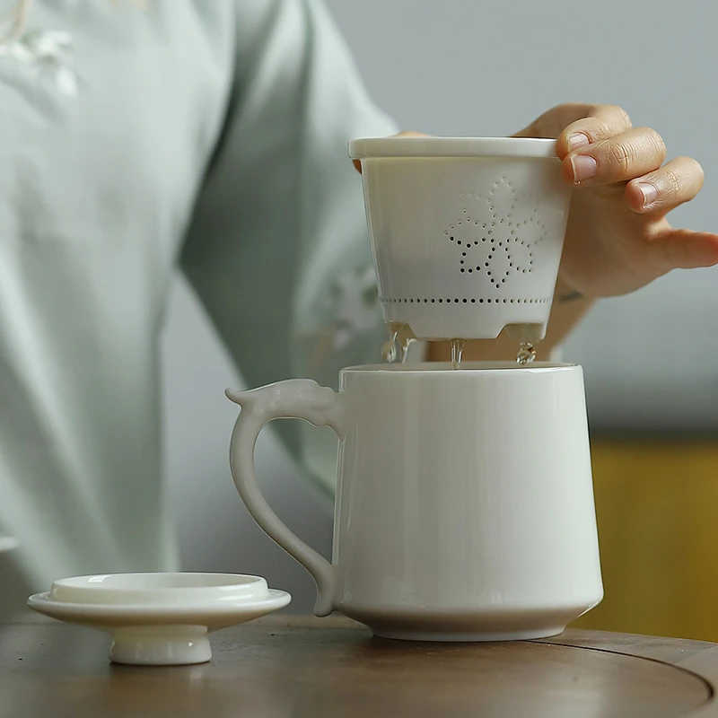 德化羊脂玉白瓷带盖过滤水杯 泡茶马克杯 家用办公室个人喝茶杯子